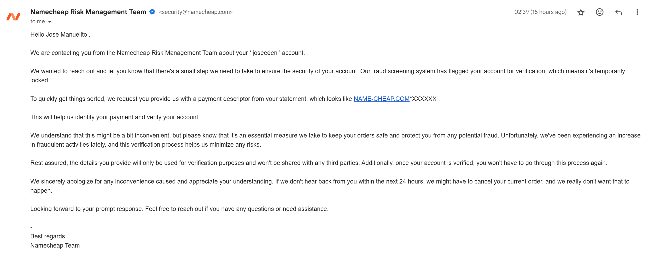Namecheap Order Confirmation