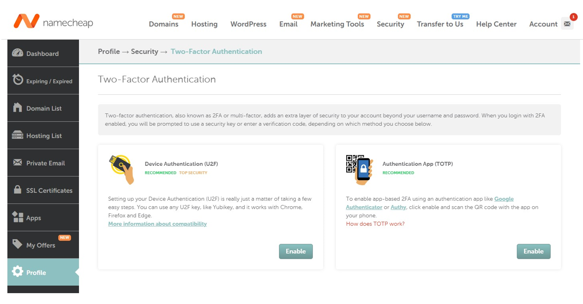 Namecheap 2FA Setup
