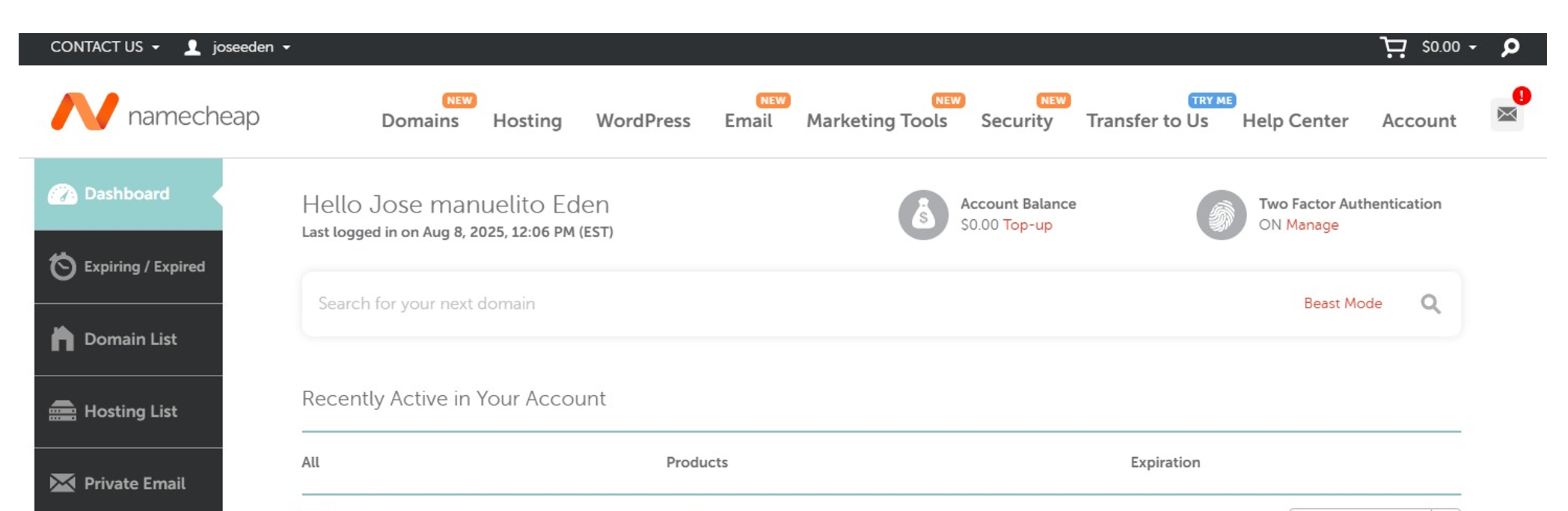 Namecheap Dashboard